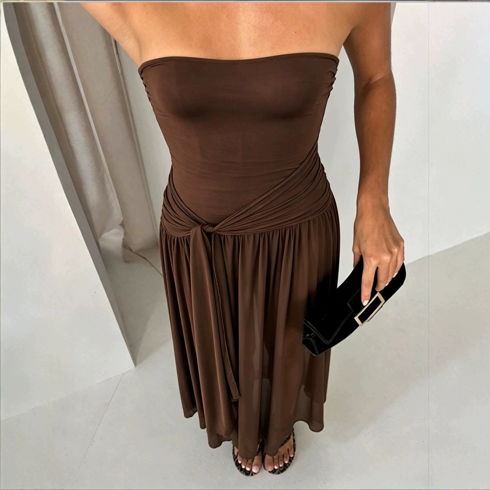 Zara Strapless Tie Waist Tulle Flowy Maxi Dress Bodycon Off Shoulder Gown
